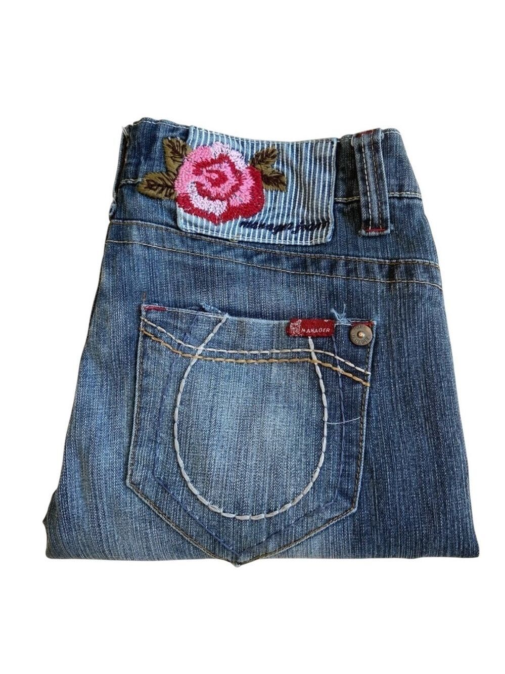 Manager capri jeans embroidered floral turn up mid rise straight 10
